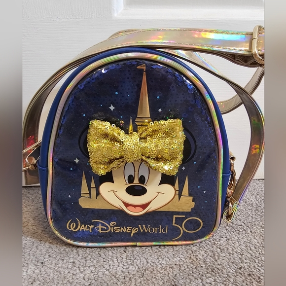 Walt Disney World Minnie Mouse 50th Anniversary Backpack Crossbody Bag Blue/Gold - Picture 7 of 9